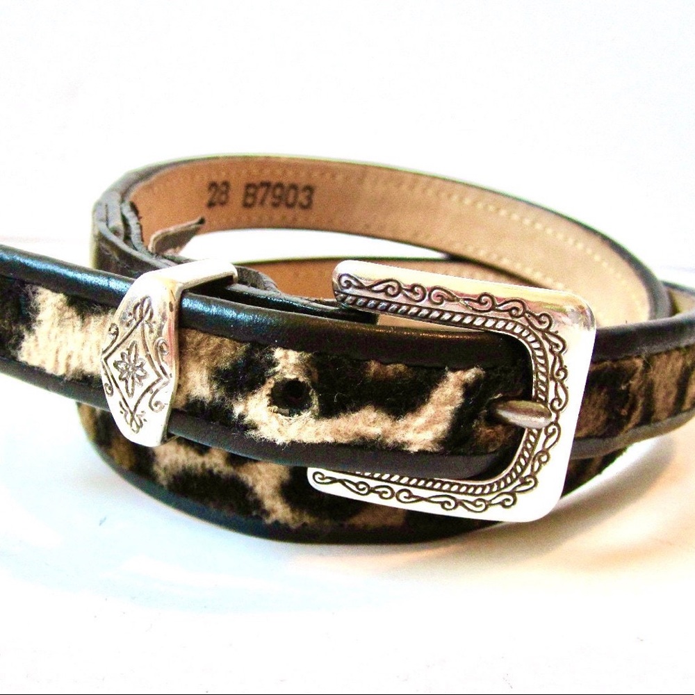 Brighton Black Leather & Faux Fur Leopard Vintage Skinny Belt